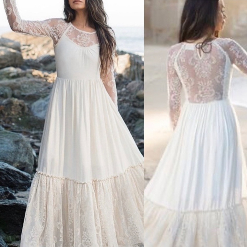 NWT Mia Joy Guliana Maxi Wedding Dress Floral Sheer Lace Fairy Cottage Praire S